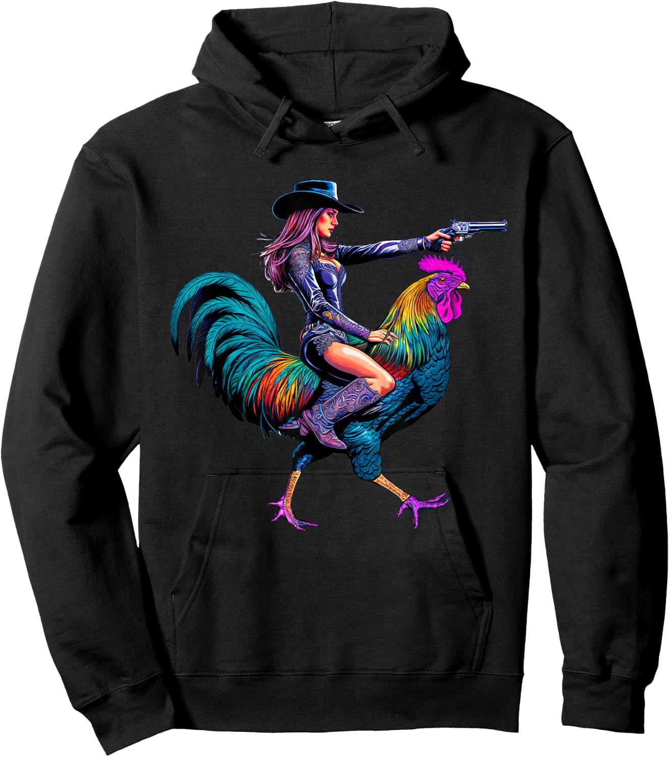 Rooster Cowboy Cowgirl Riding Chicken Whimsical Western Hoodie - Hoodie | Black