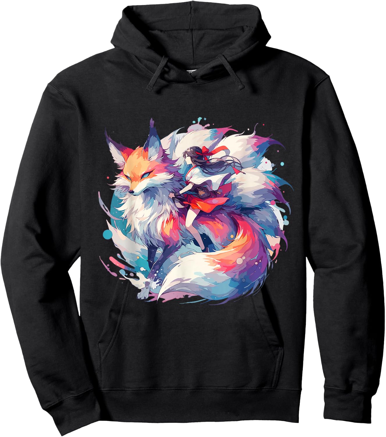 Anime Kitsune Girl On Nine-tailed Fox Hoodie - Hoodie | Black