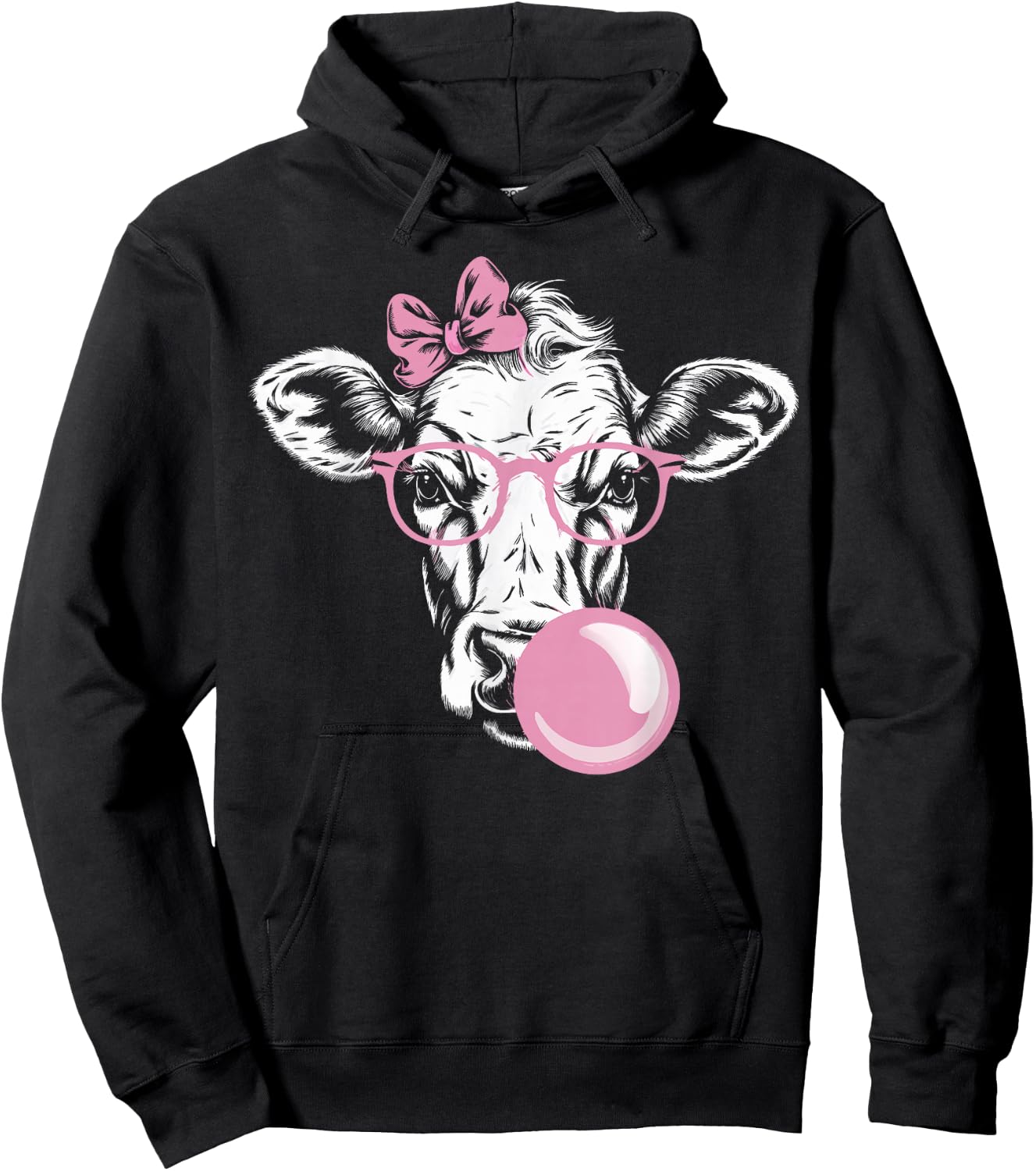Cow Wearing Glasses and Blowing Pink Bubble Gum Hoodie - Hoodie | Black