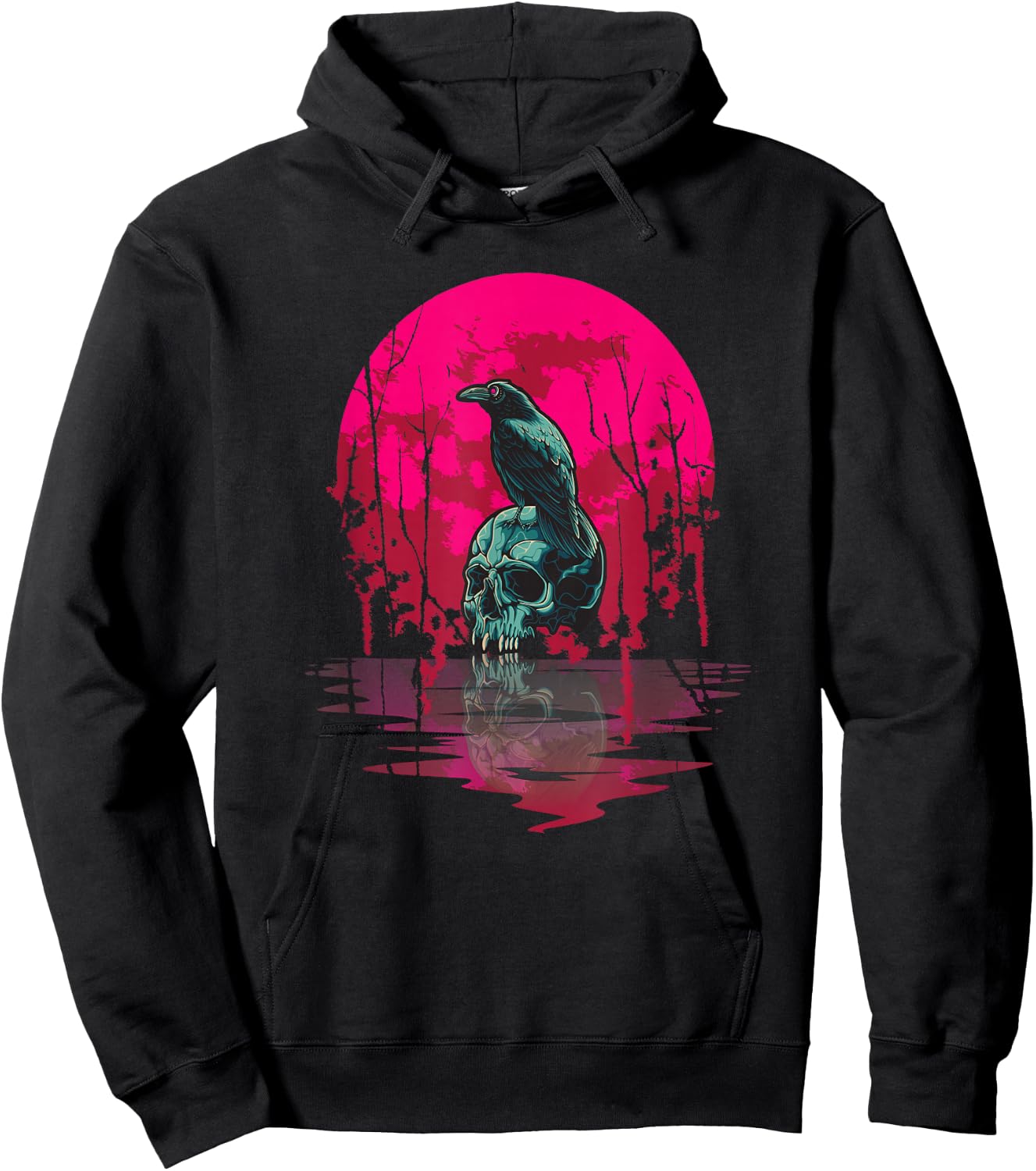 Gothic Raven Skull Red Moon Black Crow Hoodie - Hoodie | Black