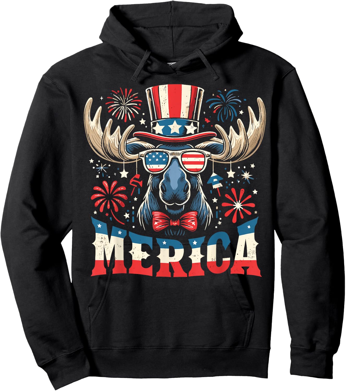 Patriotic Moose USA Flag 4th of July Moose Women Men Merica Hoodie - Hoodie | Black