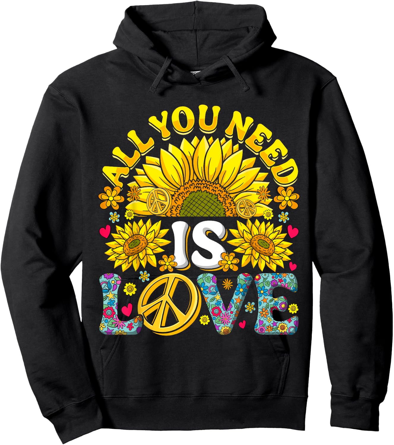 All you need is LOVE Flower Power Love 60s 70s Hippie , black Hoodie - Hoodie | Black