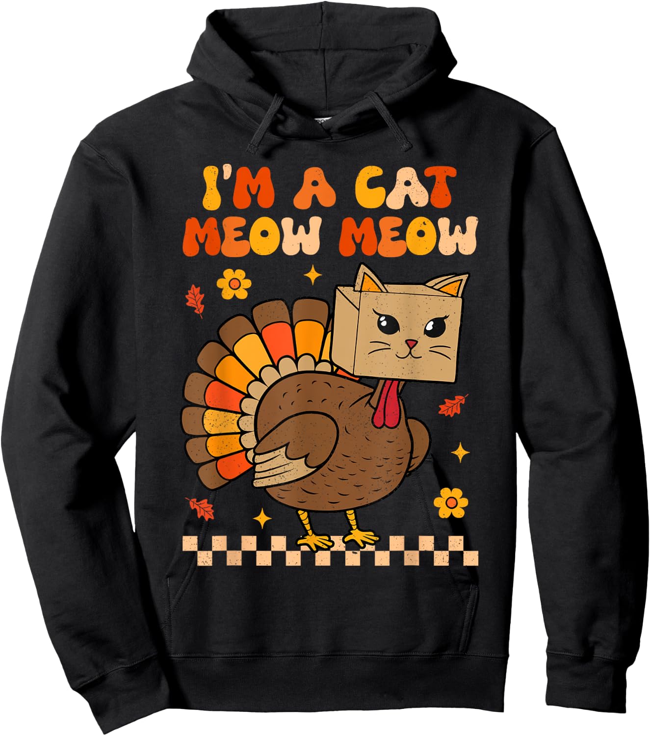 Groovy Thanksgiving Turkey Cat Meow Funny Women Men Kids Hoodie - Hoodie | Black