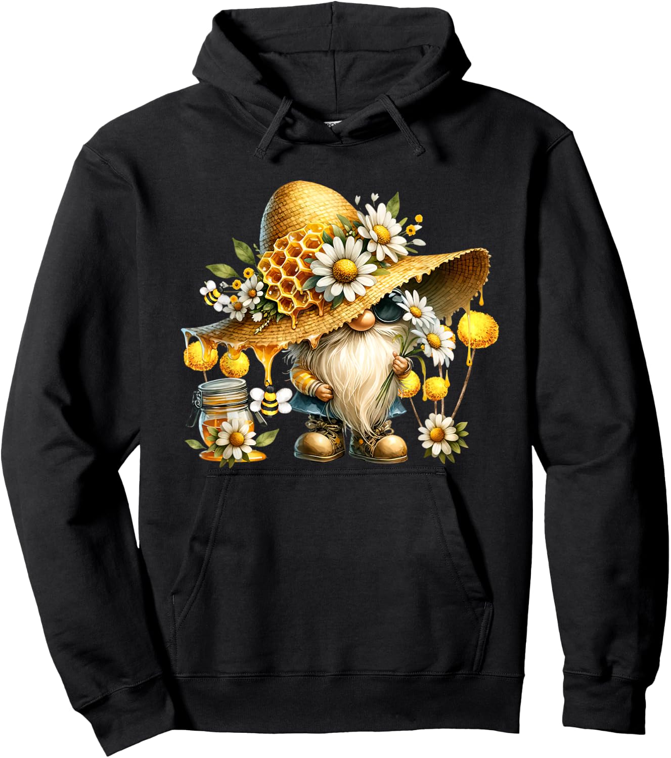 Funny Summer Graphic Bee Lover Daisy Flower Gnome Hoodie - Hoodie | Black