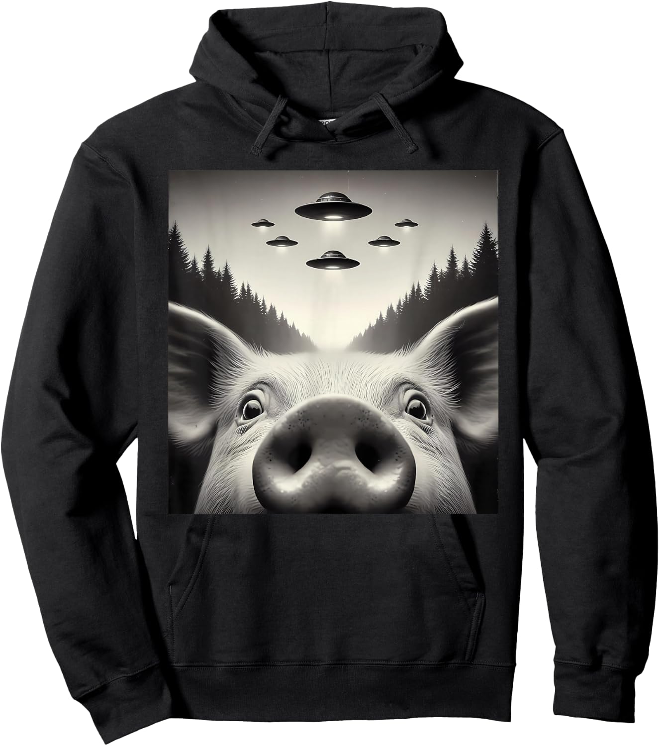 Funny Pig Selfie UFO Alien Humor Vintage Print Art Design Hoodie - Hoodie | Black