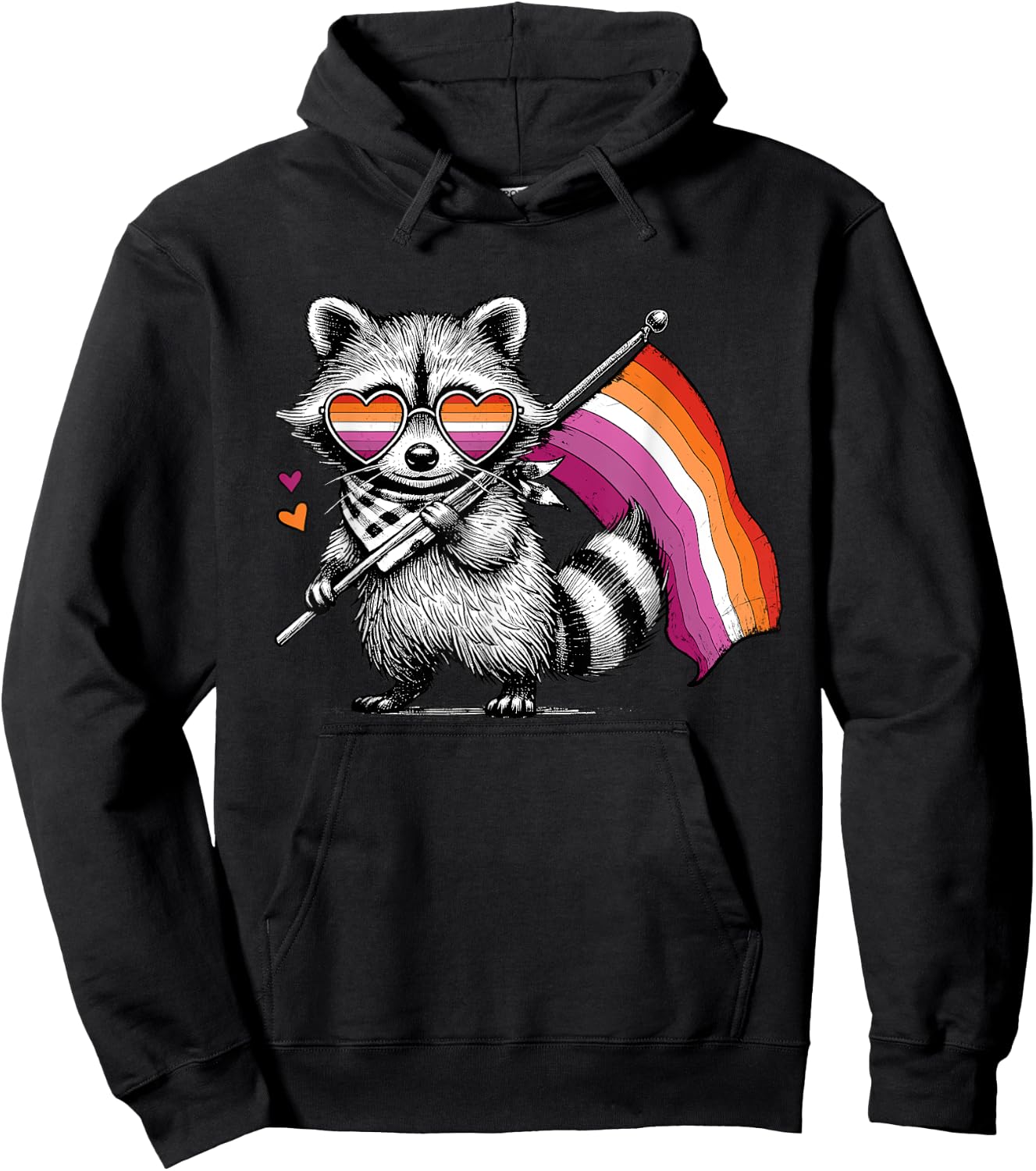Funny Cute Raccoon Hold Flag Lesbian Subtle Sapphic Pride Hoodie - Hoodie | Black