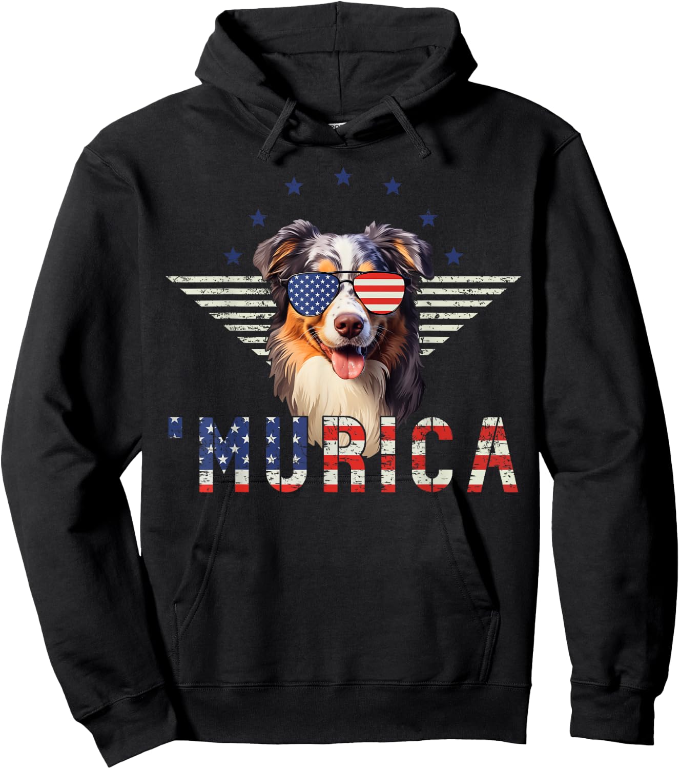 Murica Australian Shepherd Sunglasses American Flag 4th July Hoodie - Hoodie | Black
