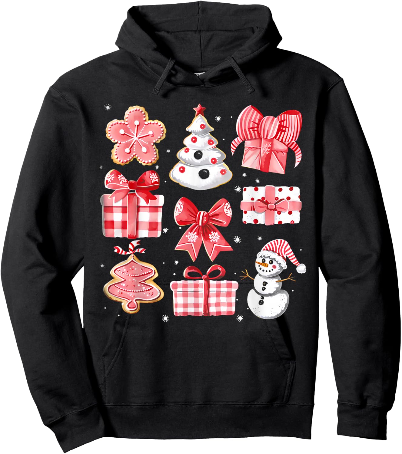 Cute Coquette Christmas Red Bows Santa Gingerbread Snowman Hoodie - Hoodie | Black