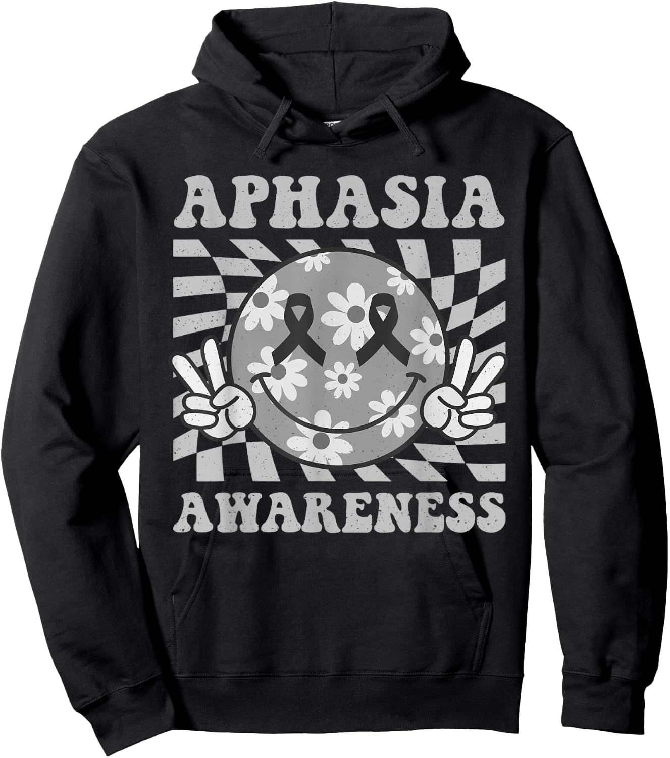 Groovy Aphasia Awareness Smile Face Gray Ribbon Support Hoodie - Hoodie | Black