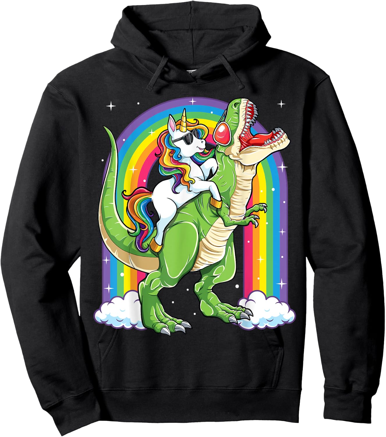 Unicorn Riding Dinosaur T rex Boys Girls Men Women Rainbow Hoodie - Hoodie | Black