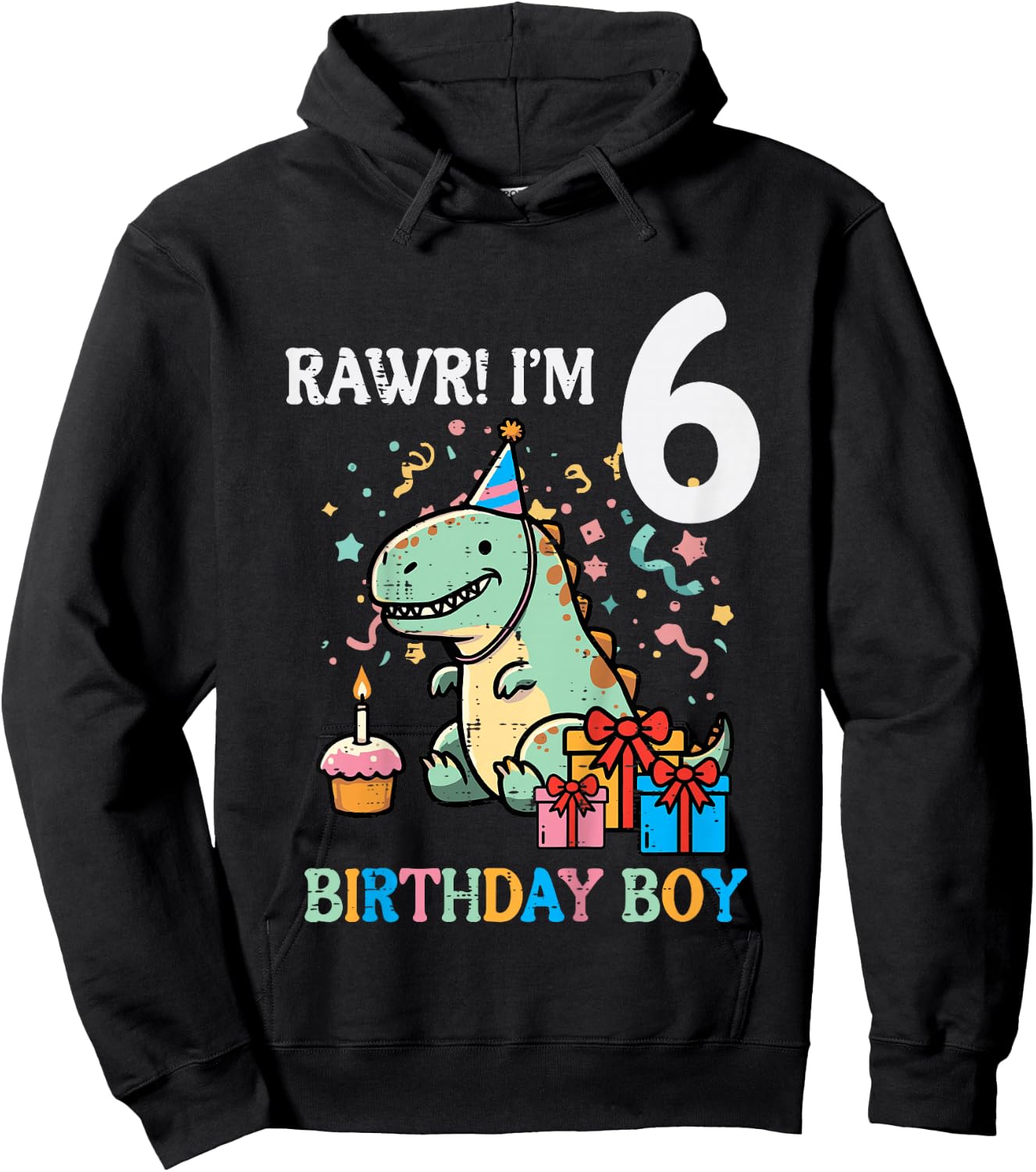 Kids Rawr Im 6 Dinosaur Birthday Boy Cute 6th Bday Trex Boys Kids Hoodie - Hoodie | Black