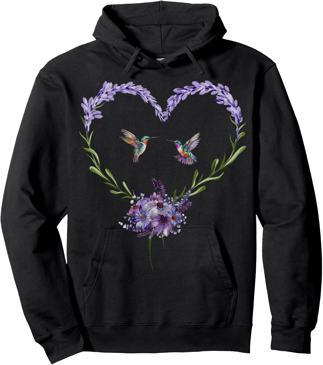 Hummingbird Lavender Flower Heart Botanical Nature Lover Hoodie - Hoodie | Black