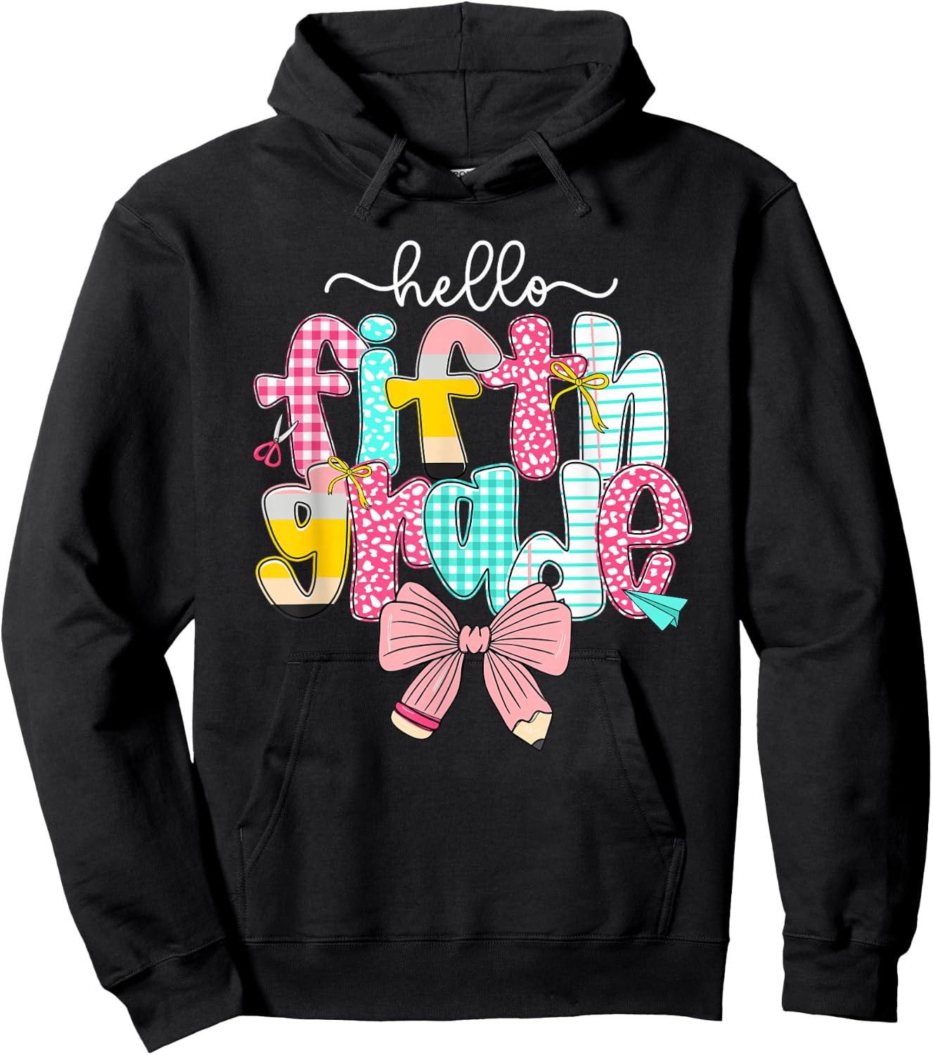 Preppy Hello 5th Grade Back to School Teacher Student Kids Hoodie - Hoodie | Black