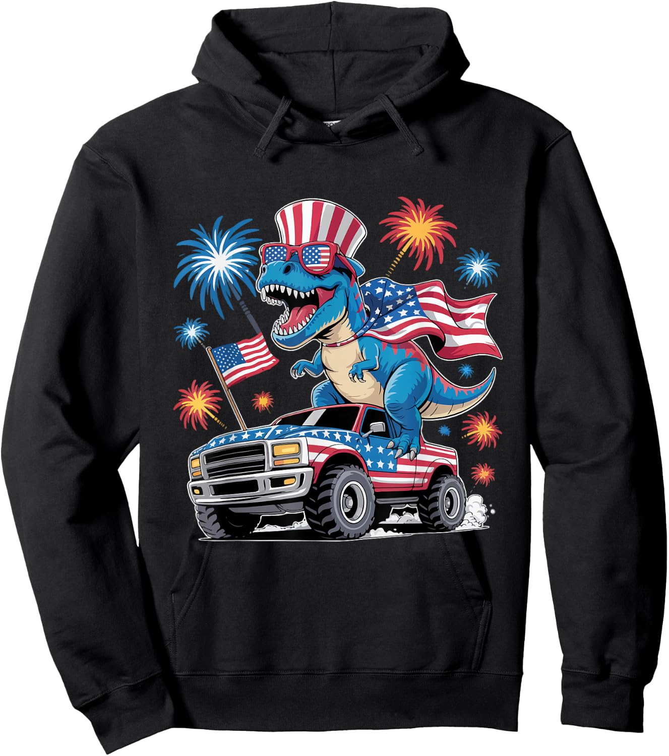 Dinosaur 4th Of July T Rex Dinosaur Truck Dino Hoodie - Hoodie | Black
