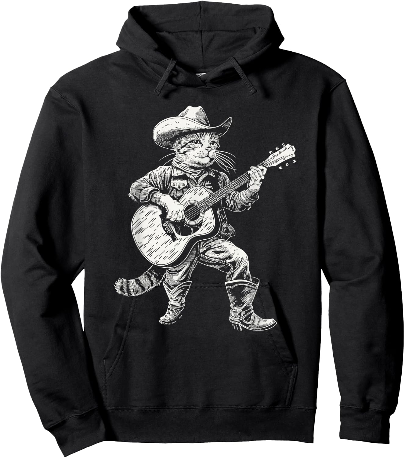 Cowboy Cat Playing Guitar Funny Country Music Loving Cat Hoodie - Hoodie | Black