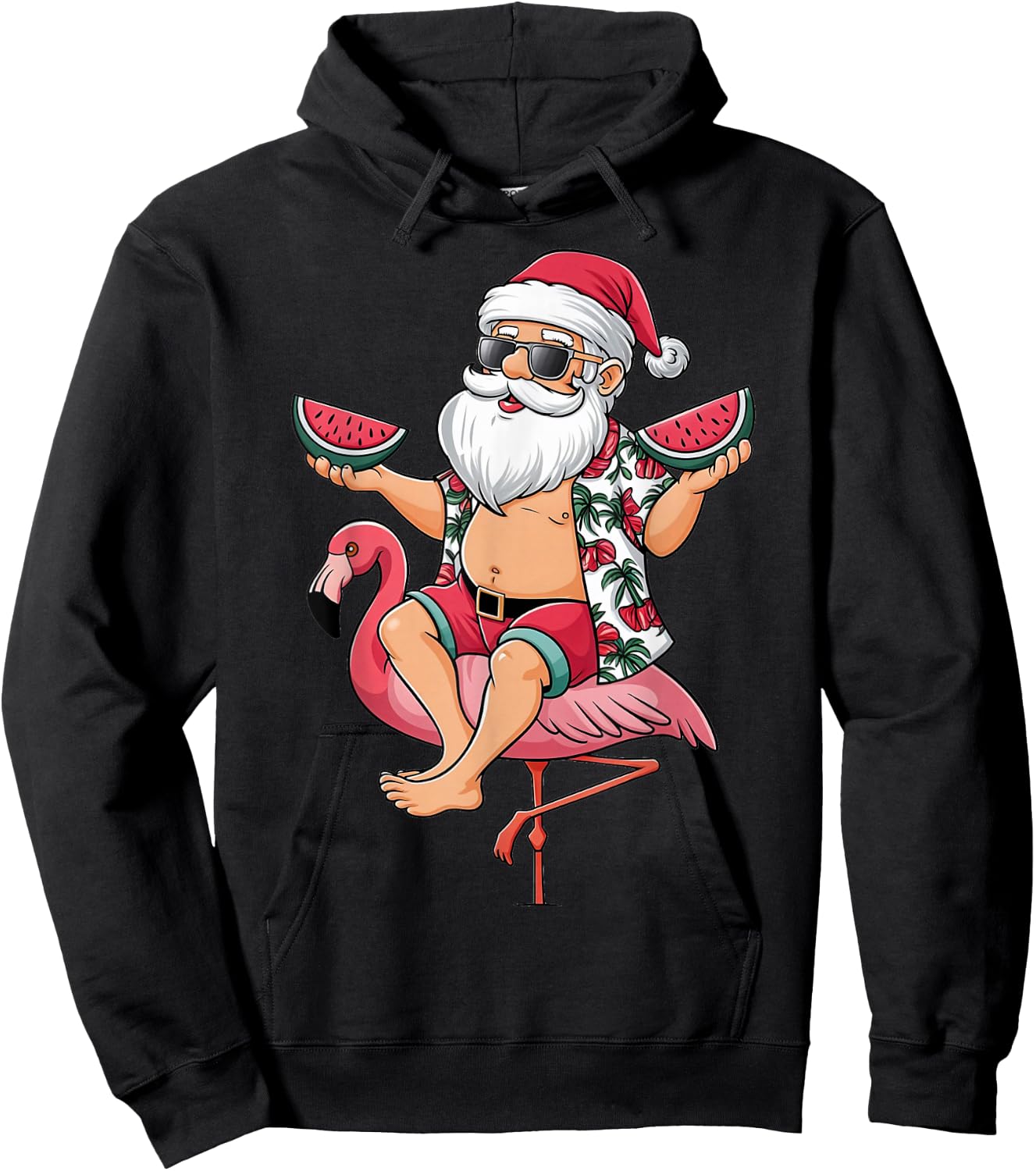 Santa Flamingo Floatie Christmas In July Watermelon Summer Hoodie - Hoodie | Black