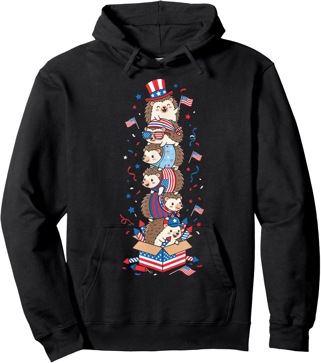 Funny Hedgehog American USA Flag Memorial Day 4th of July Hoodie - Hoodie | Black