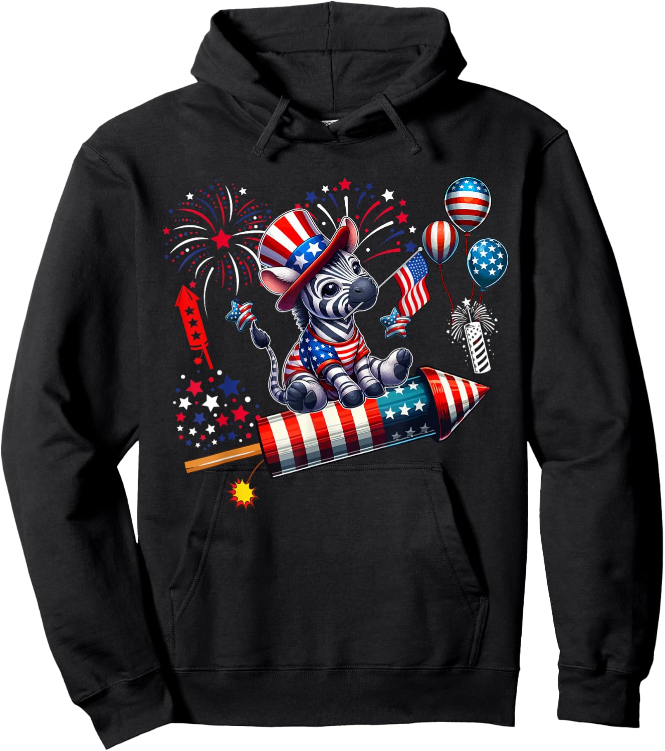 Zebra Riding Firecracker US Flag 4th Of July Fireworks Women Kids Men Hoodie - Hoodie | Black