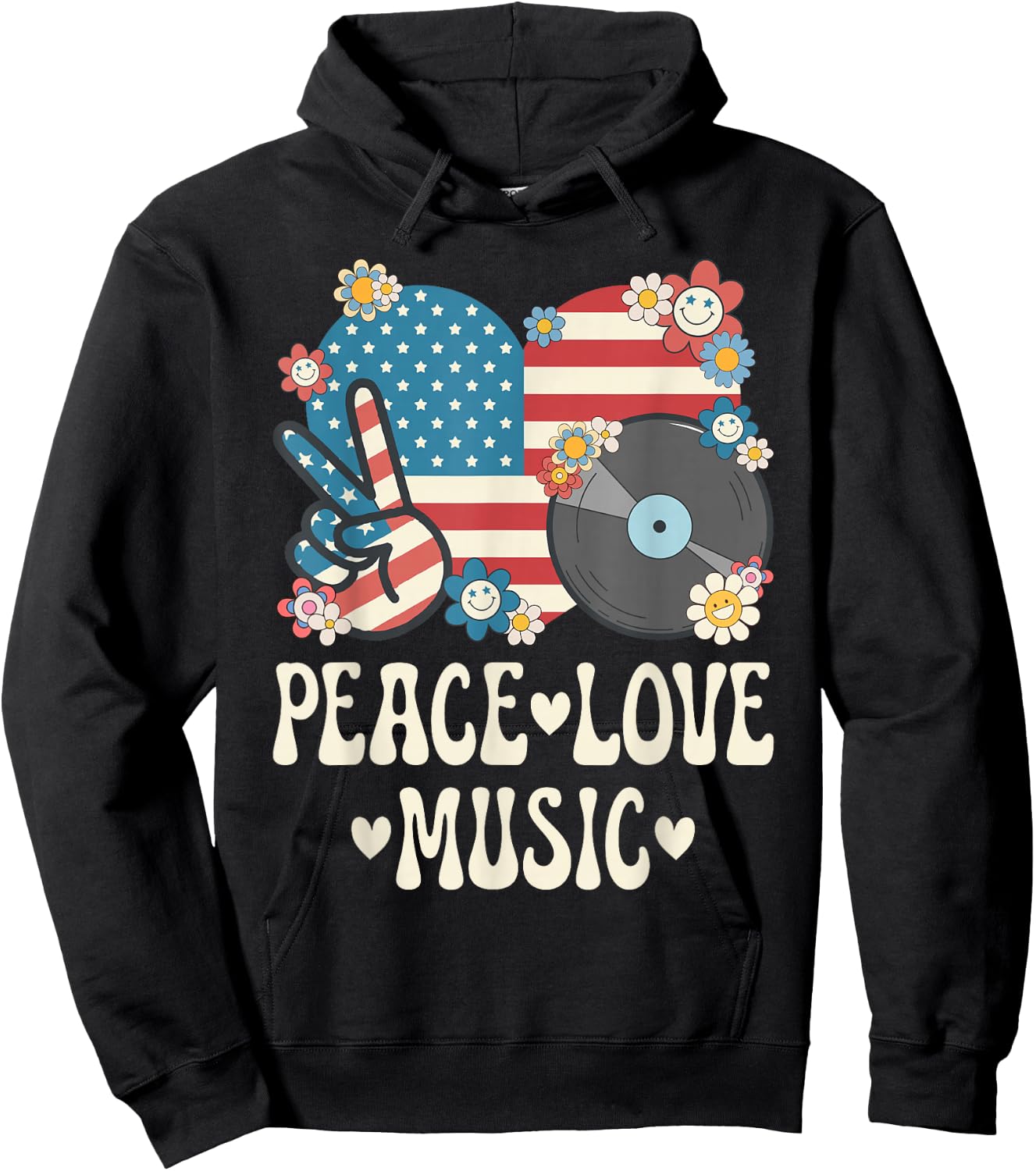 Peace Love Music American Flag Patriotic Men Women Musician Hoodie - Hoodie | Black
