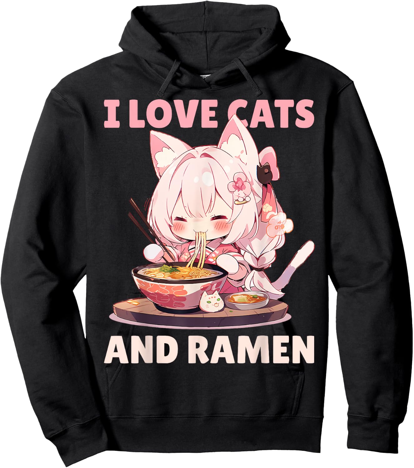 Kawaii Chibi Nekomimi Anime Cat Girl Ramen Otaku Hoodie - Hoodie | Black