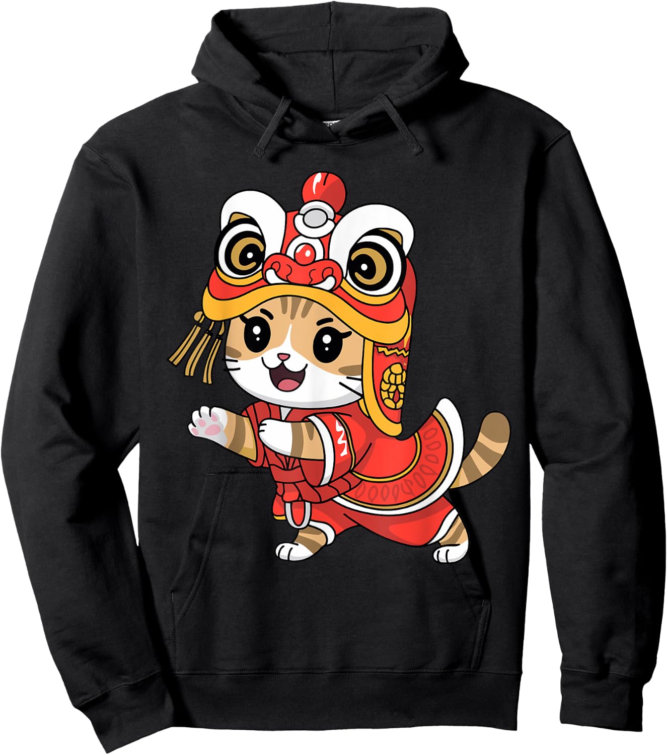 Cute Cat Happy Chinese New Year 2025 Lion Dance Celebration Hoodie - Hoodie | Black