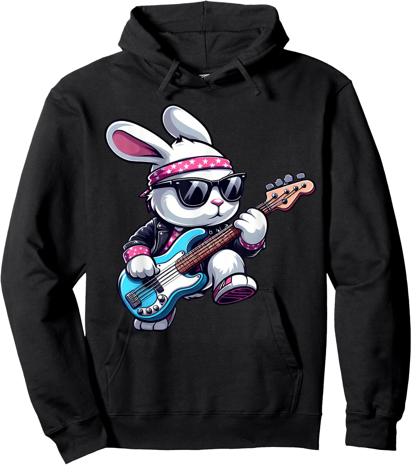 Funny Rock n Roll Bass Guitar Bunny Kids Women Men Easter , black Hoodie - Hoodie | Black