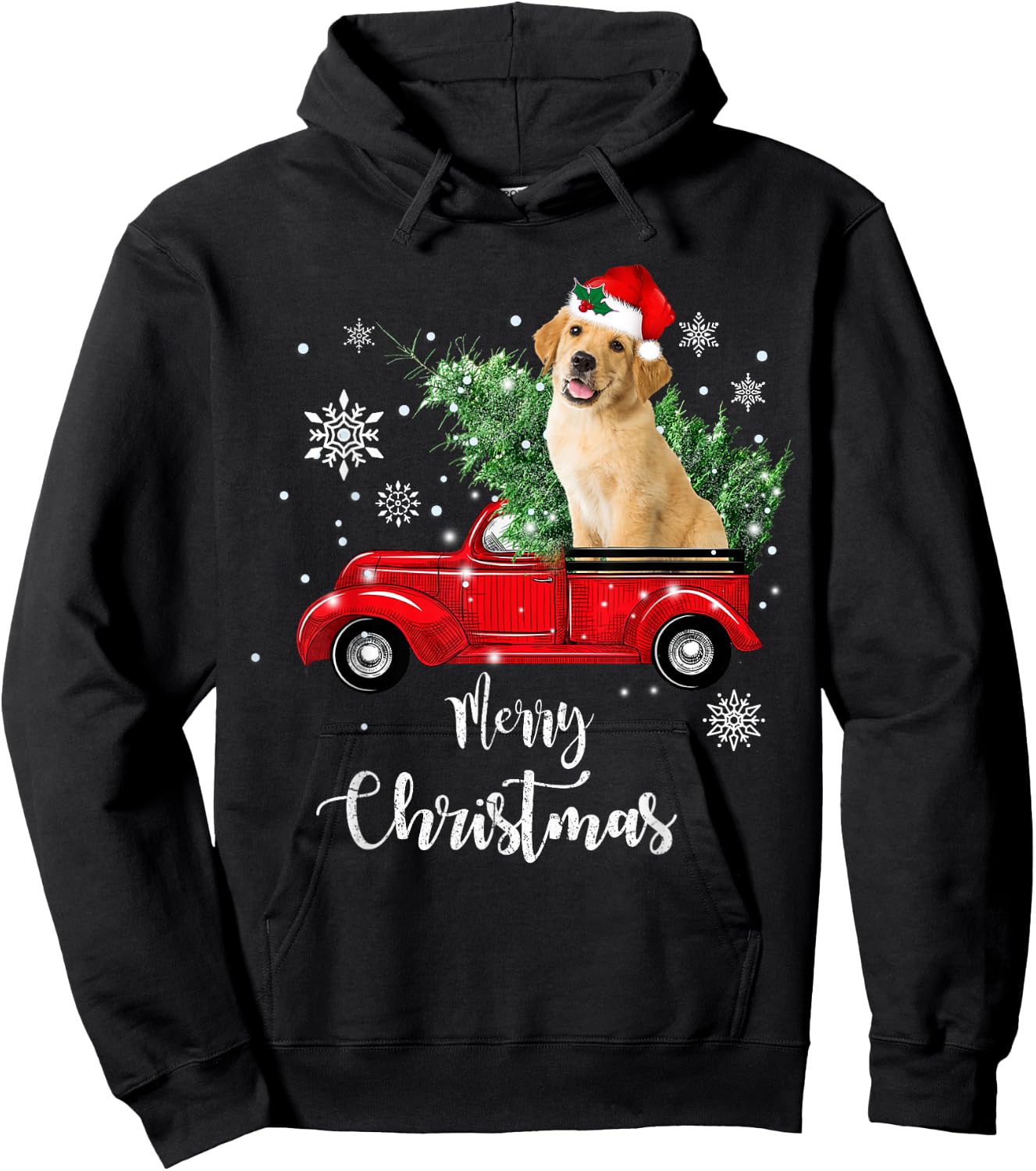 Red Truck Merry Christmas Tree Golden Retriever Christmas Hoodie - Hoodie | Black