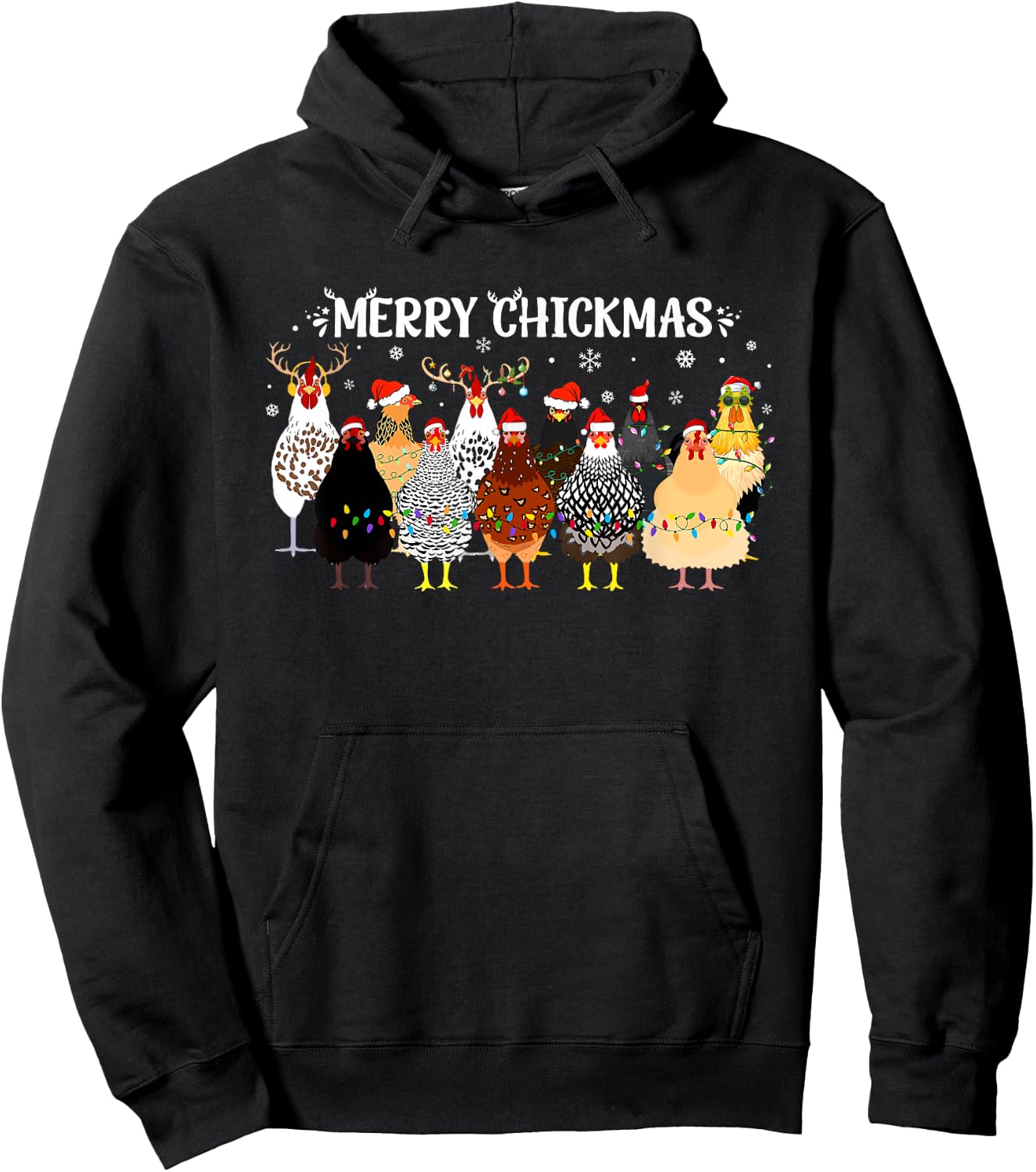 Merry Chickmas Chicken Farmer Santa Hat Xmas Light Women Men Hoodie - Hoodie | Black