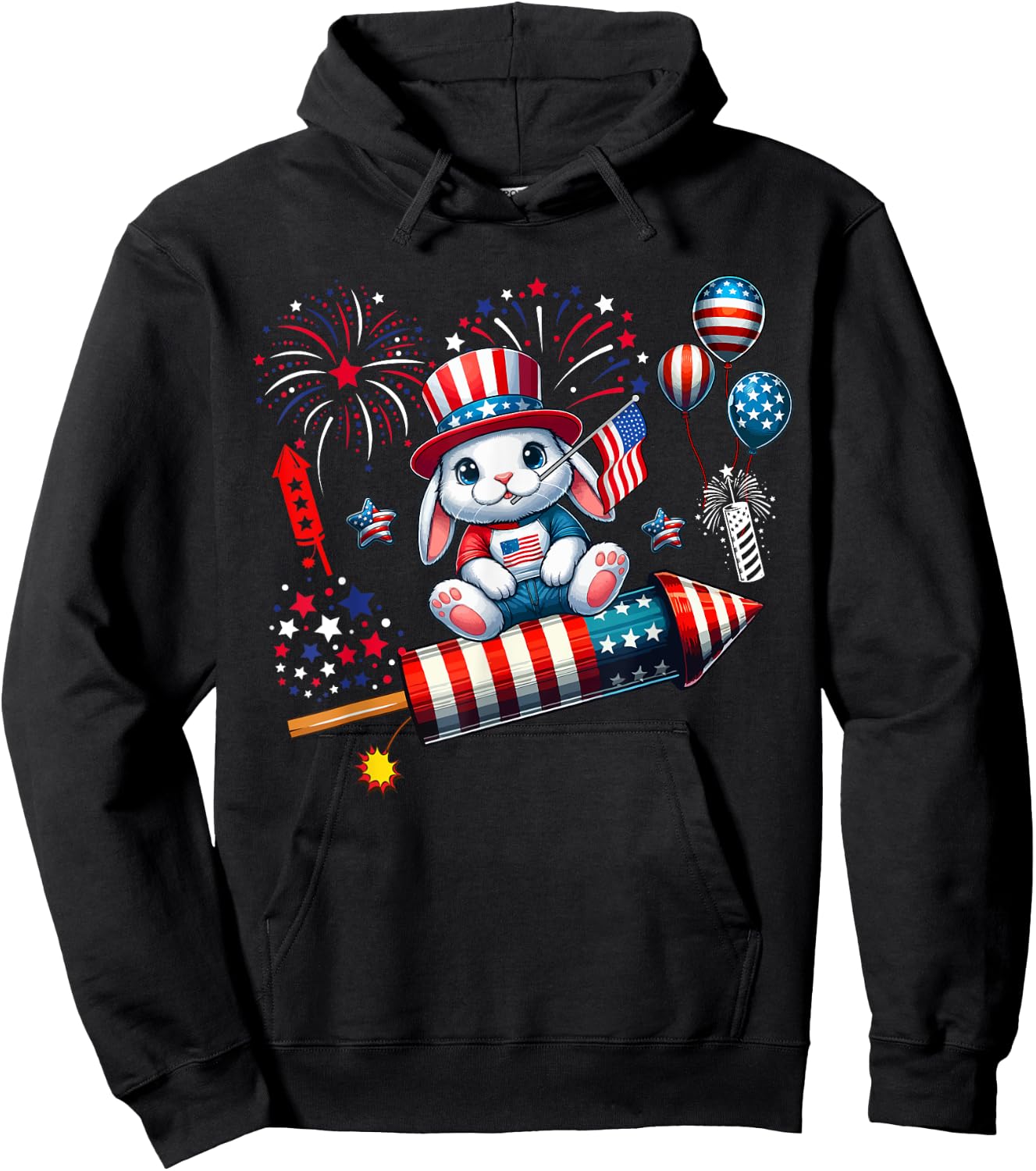 Rabbit Riding Firecracker US Flag 4th Of July Fireworks Women Kids Men Hoodie - Hoodie | Black