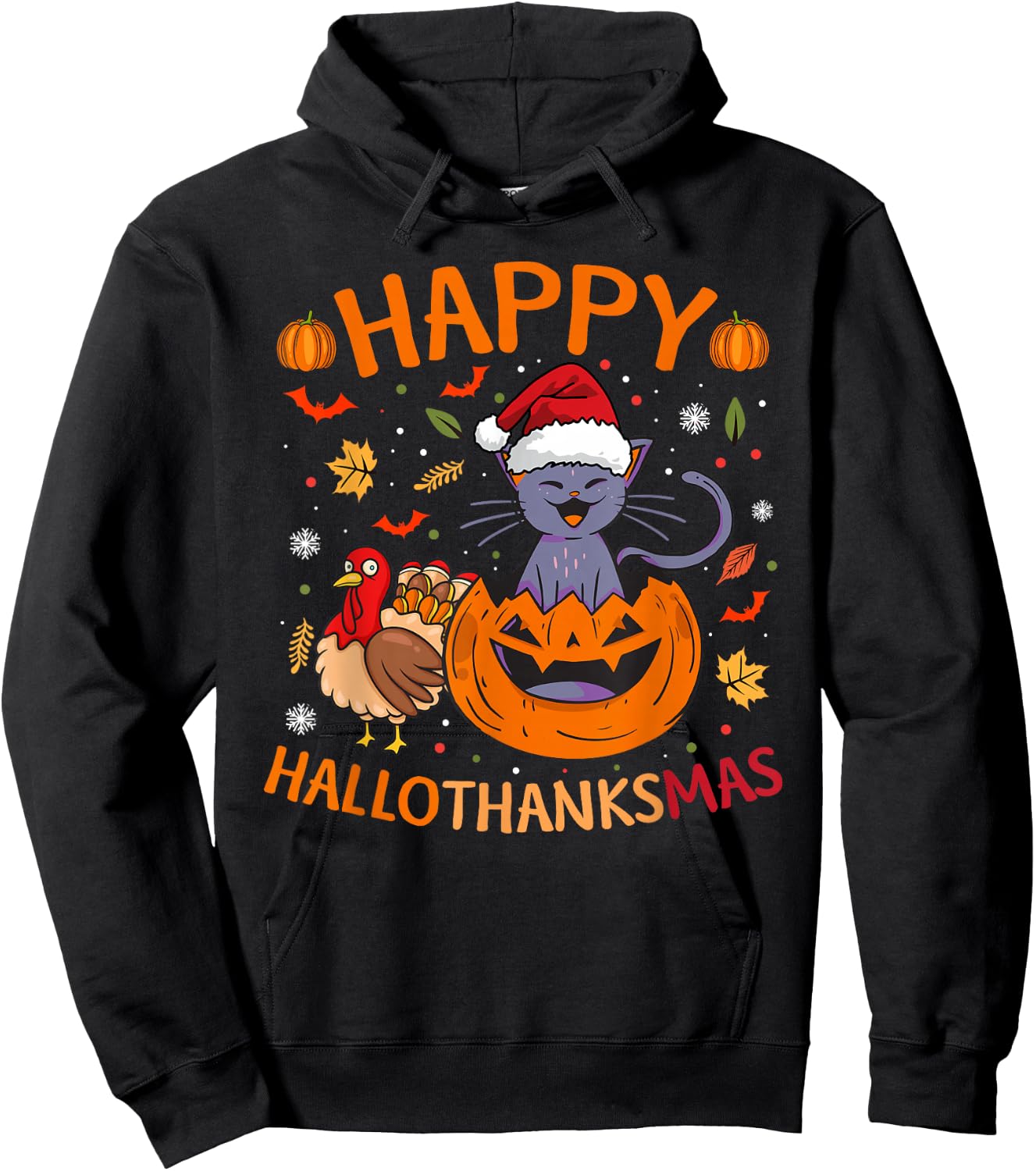Halloween Thanksgiving Christmas Cat Turkey Hallothanksmas Hoodie - Hoodie | Black