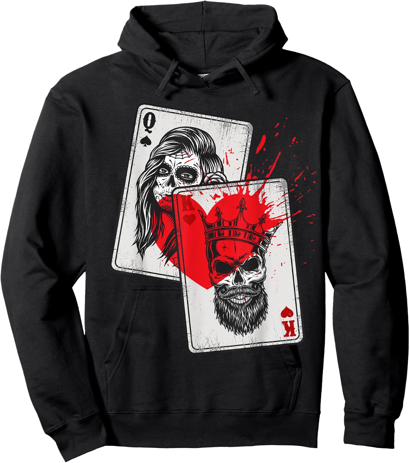 King and Queen Skull and Catrina Playing Cards Couple Hoodie - Hoodie | Black