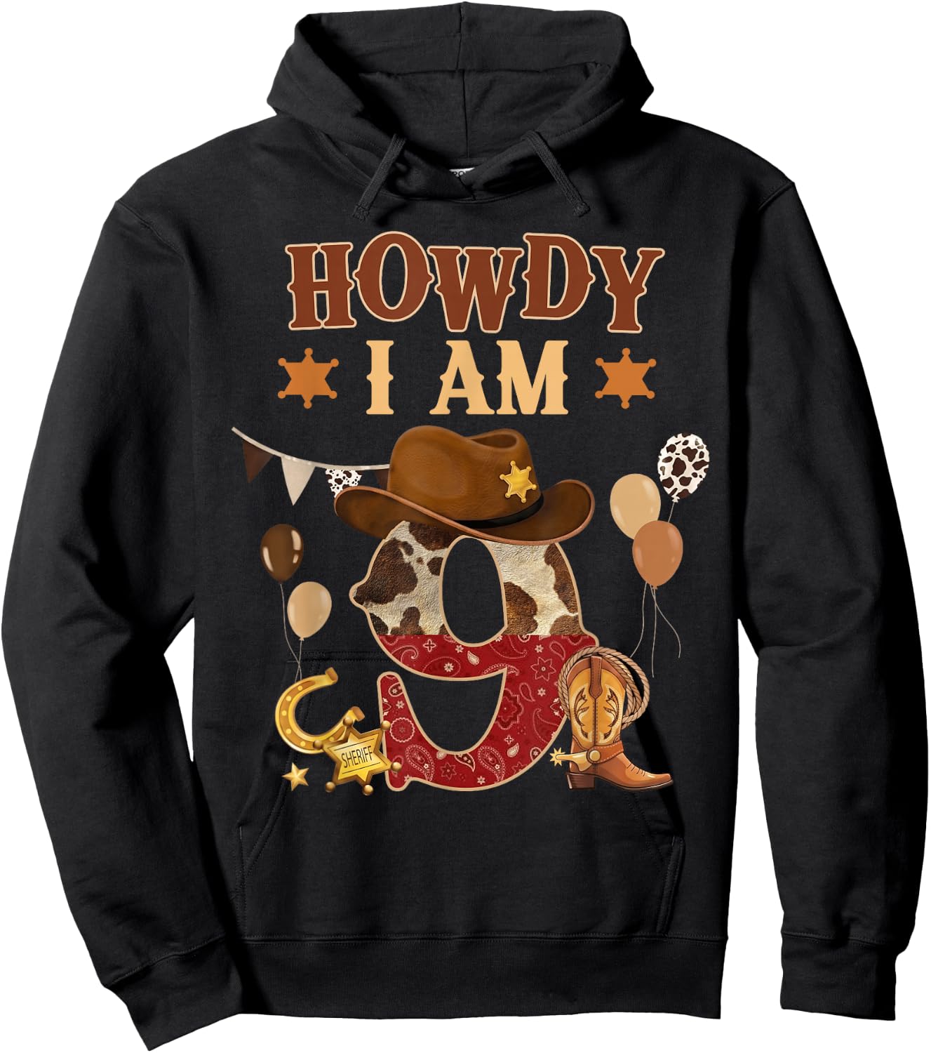 Howdy I'm 9 Western Cowboy 9th Birthday Boy Kids 9 Year Old Hoodie - Hoodie | Black