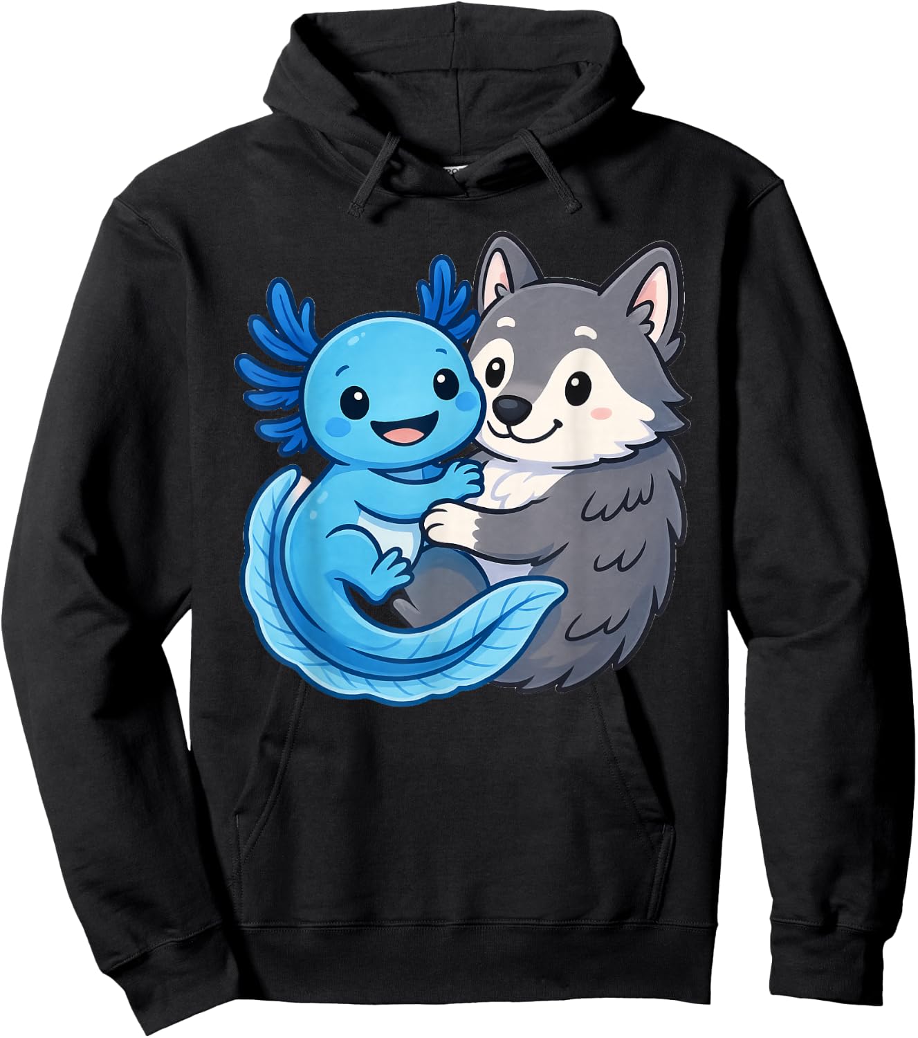 Cute Axolotl Hugging Wolf Hoodie - Hoodie | Black