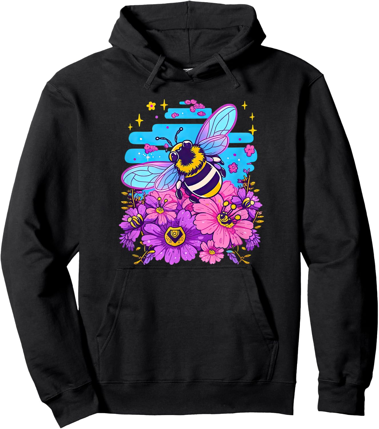 Super Cute Cartoon Bee and Flowers in Bubblegum Synthwave! Hoodie - Hoodie | Black