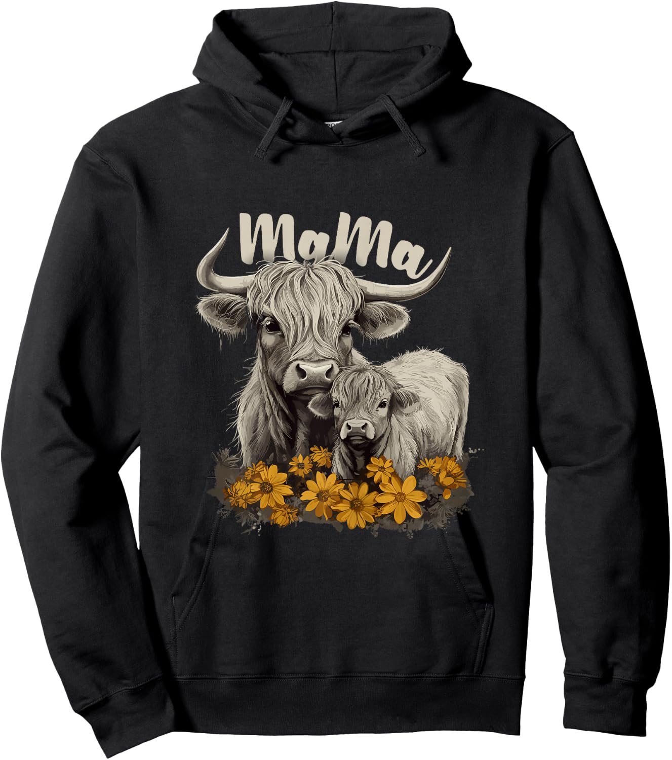 Cute Mama Highland Cow with Baby Calf Flower, Cool Animal Hoodie - Hoodie | Black
