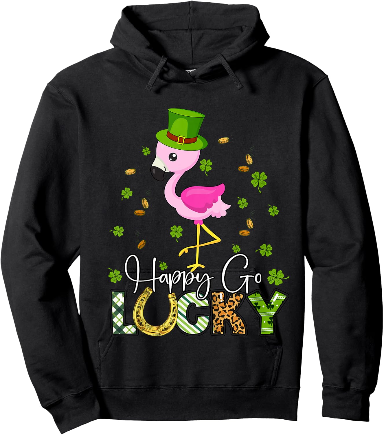 Kids Girls St Patricks Day Flamingo Shirt Happy Go Lucky Toddler Hoodie - Hoodie | Black