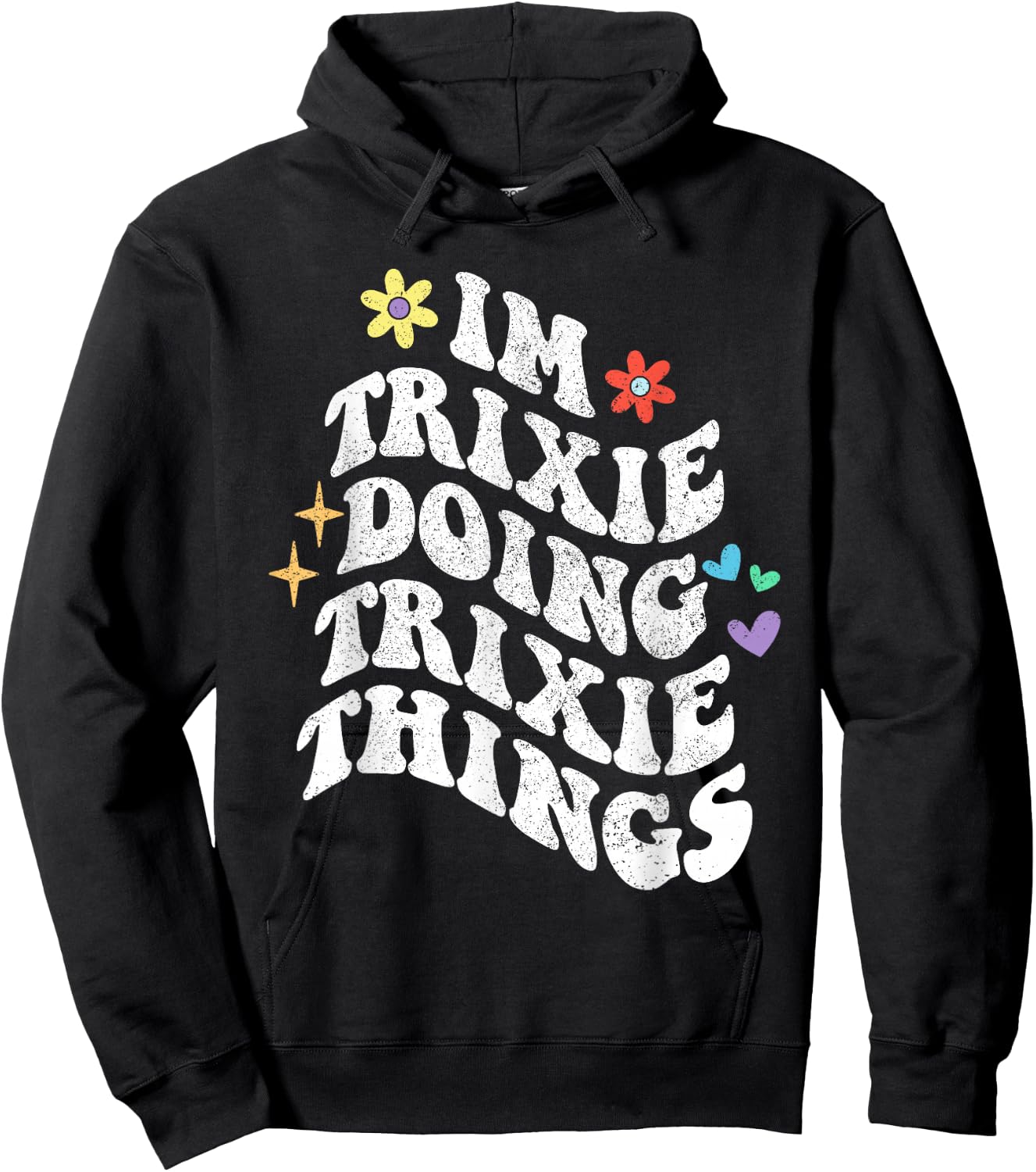 Personalized Name Mothers Day outfit Retro Groovy Im Trixie Doing Trixie Things Funny Women's Black Floral Short Sleeve Crew Collar Hoodie - Hoodie | Black