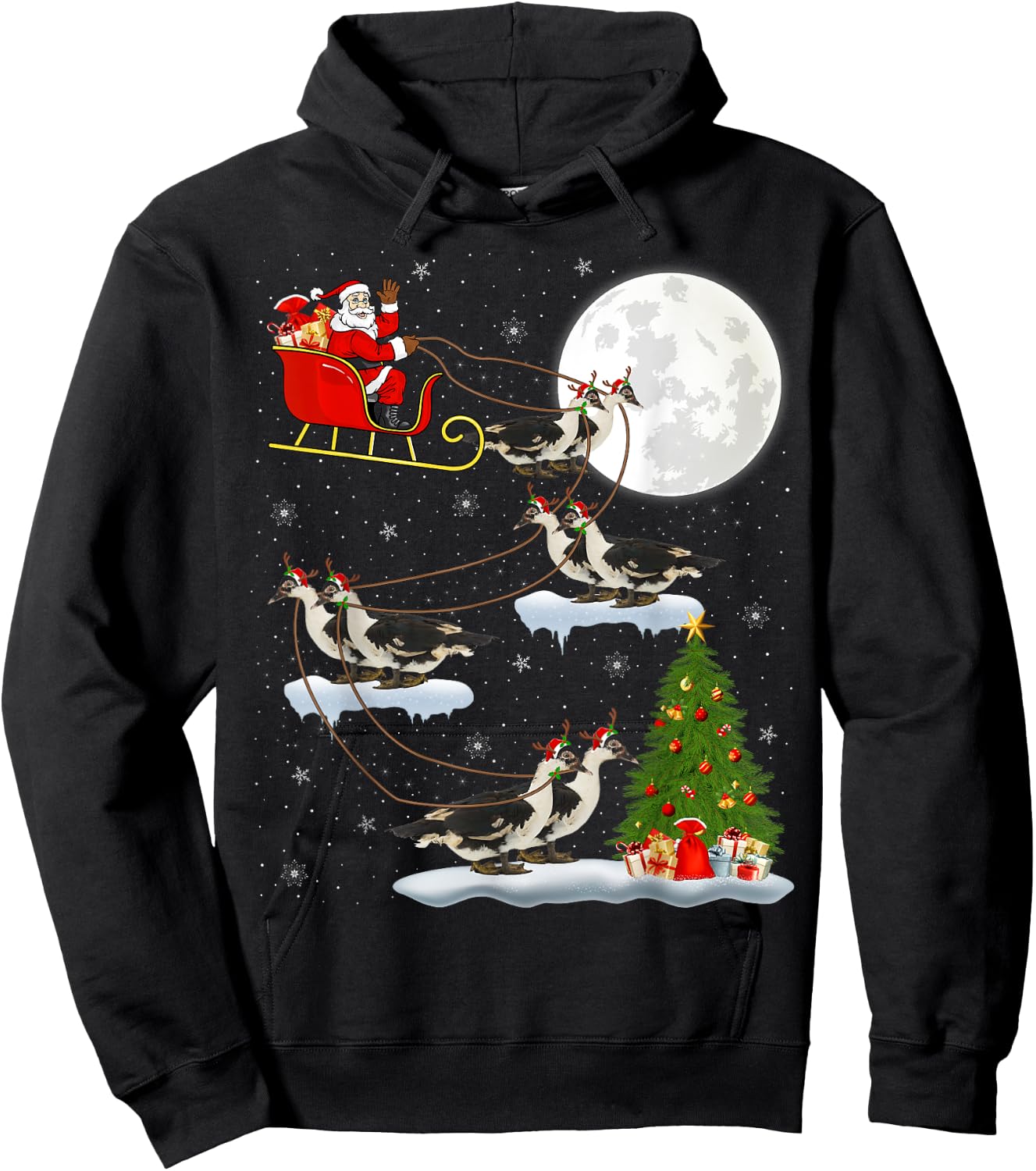 Xmas Tree Lighting Santa Riding Muscovy Duck Christmas Hoodie - Hoodie | Black