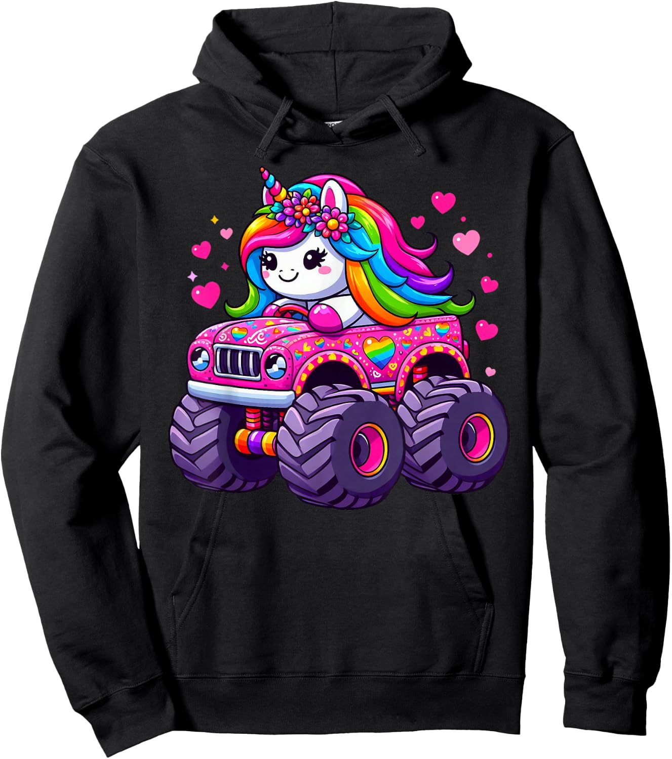Cute Unicorn Riding A Pink Monster Truck Lovers Girls Hoodie - Hoodie | Black