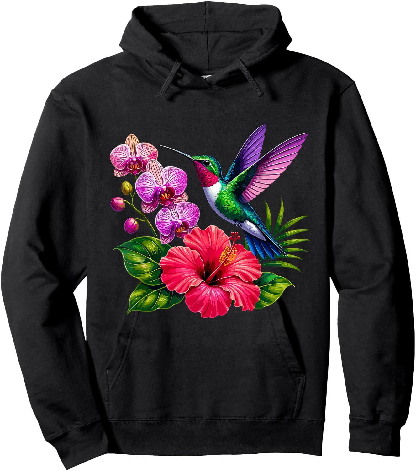 Hummingbird with Hibiscus and Orchid Flowers Hoodie - Hoodie | Black