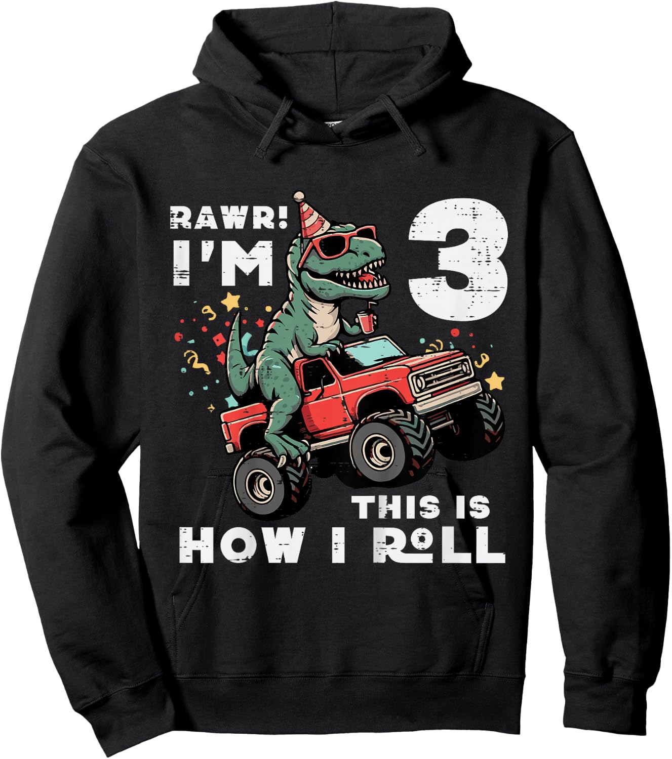 Kids Rawr Im 3 Dino This How I Roll 3rd Birthday Trex Bday Boys Hoodie - Hoodie | Black