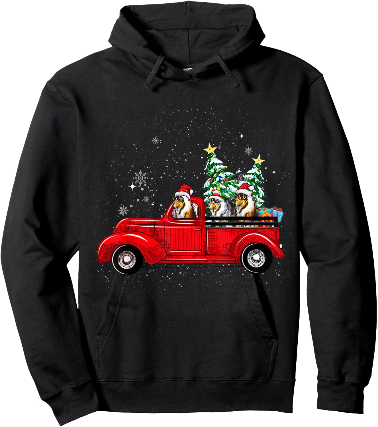 Rough Collie Dog Driving Xmas Truck Christmas Tree Lights Women Kids Hoodie - Hoodie | Black