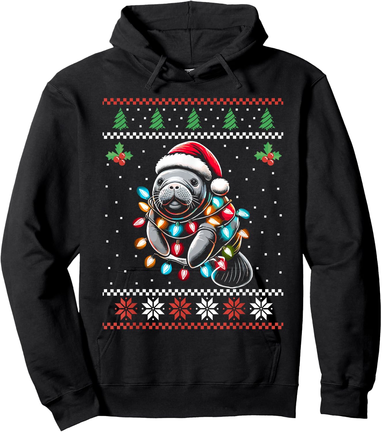Manatee Santa Hat Ugly Christmas Sweater Xmas Hoodie - Hoodie | Black