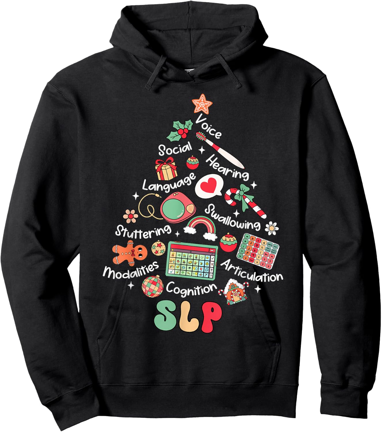 Speech Therapy Christmas Tree Merry Xmas SLP Therapist Funny Hoodie - Hoodie | Black