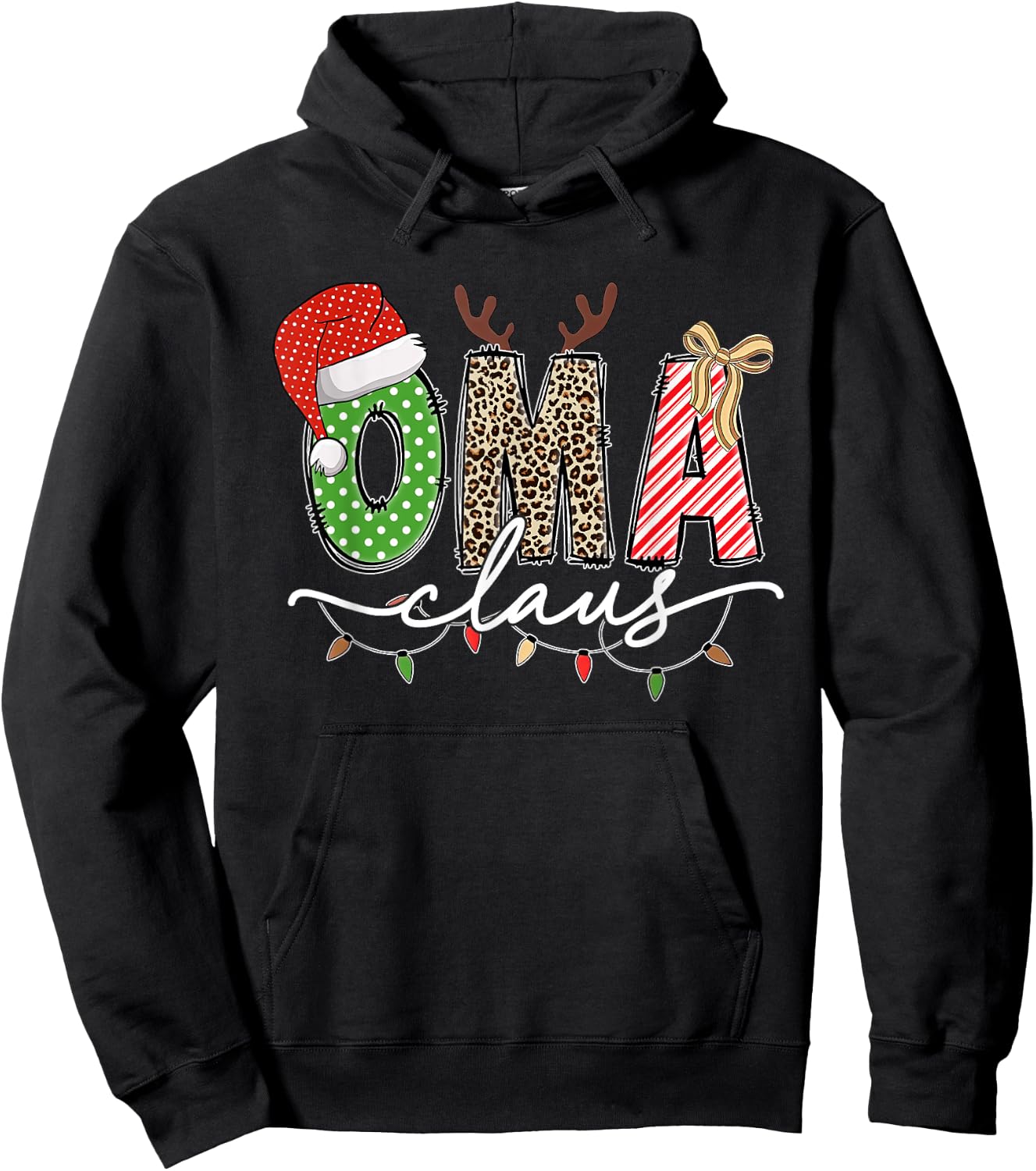 Oma Claus Christmas Lights And Reindeer Santa Hat Grandma Hoodie - Hoodie | Black