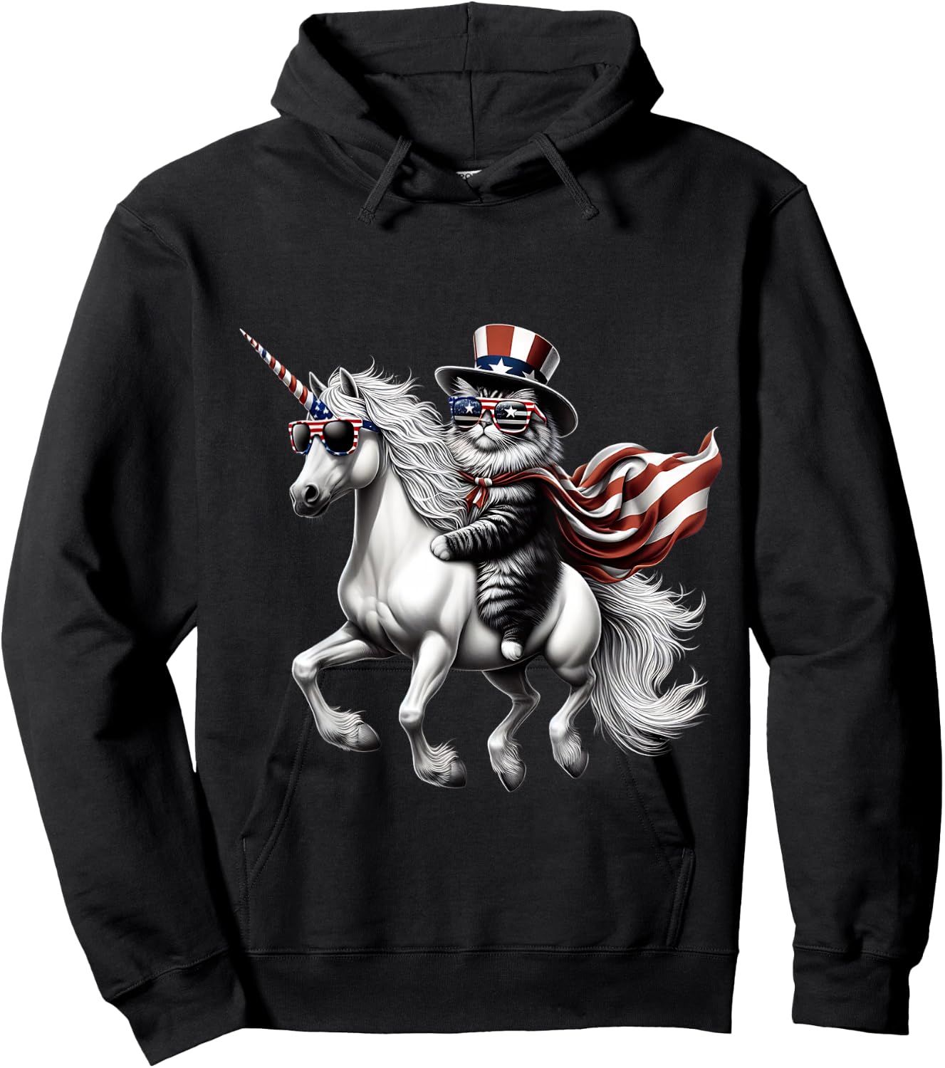 Cat riding Unicorn usa flag Patriotic 4th of July Hoodie - Hoodie | Black