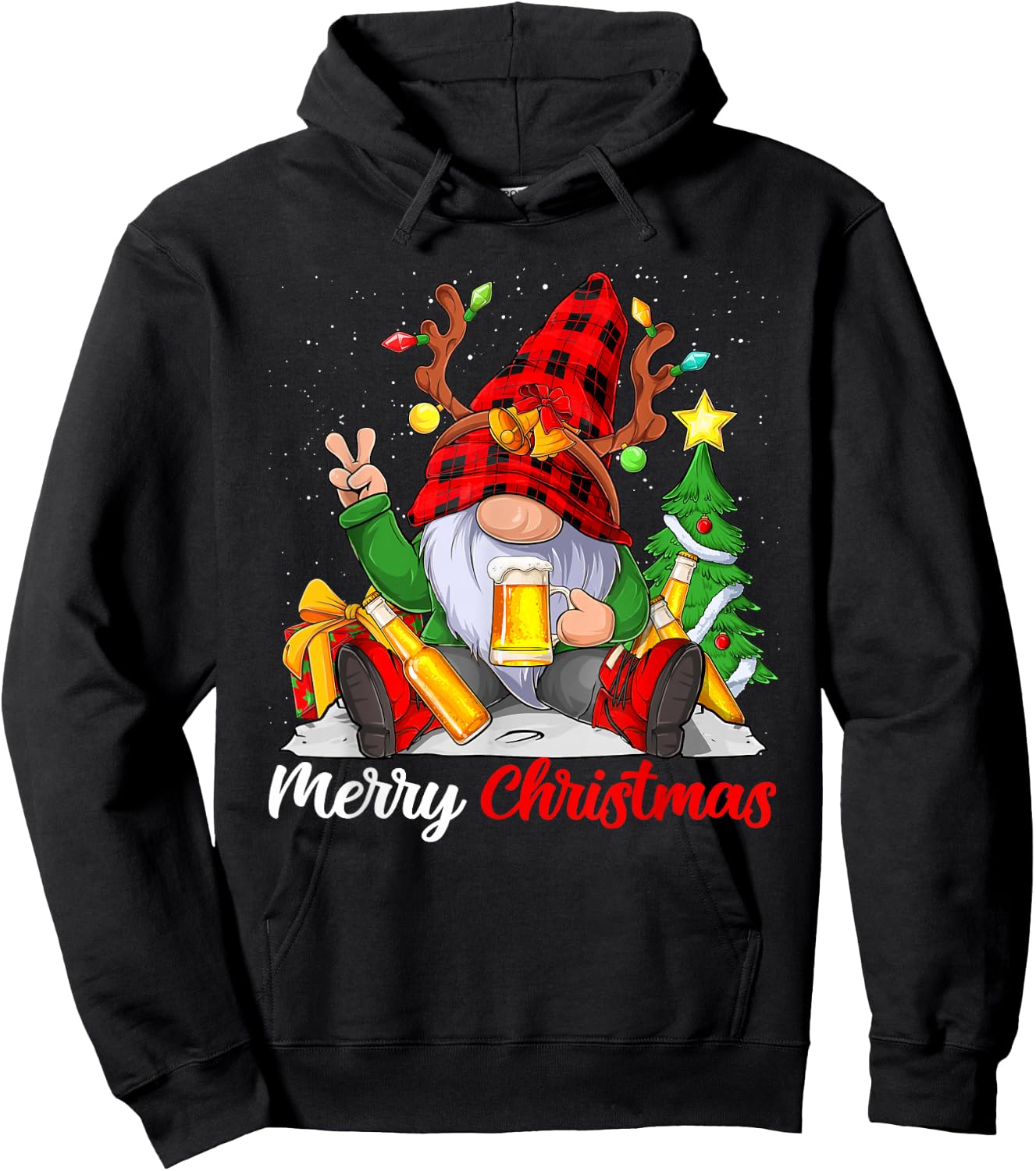 Funny Merry Christmas Beer Lover Men Women Gnome Lovers Hoodie - Hoodie | Black