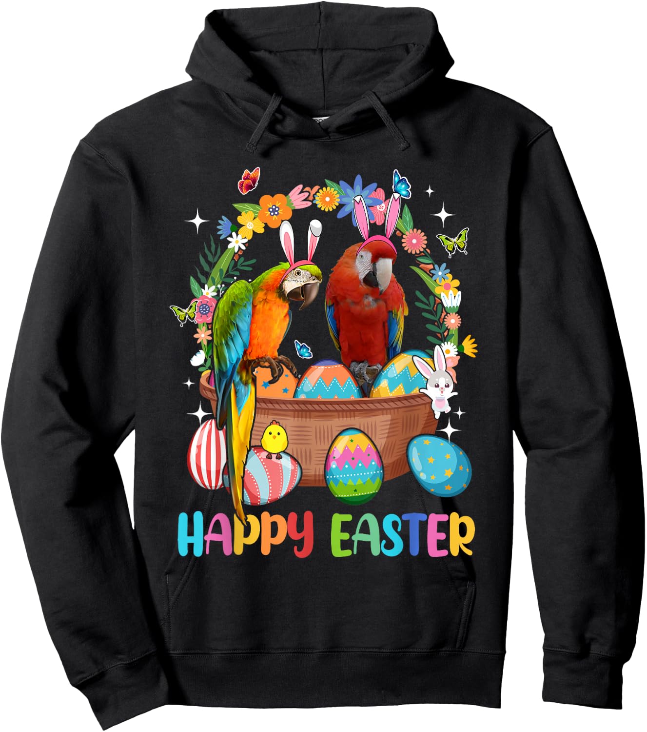 Happy Easter Three Cute Bunny Parrots In Eggs Basket Lover Hoodie - Hoodie | Black