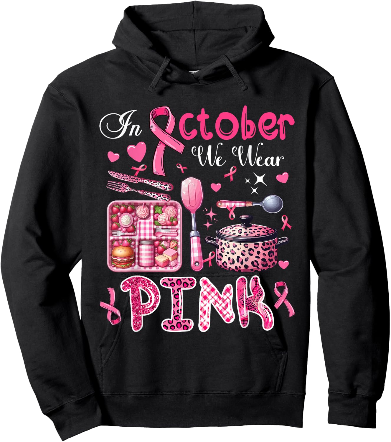In October We Wear Pink Breast Cancer Awareness Lunch Lady Hoodie - Hoodie | Black