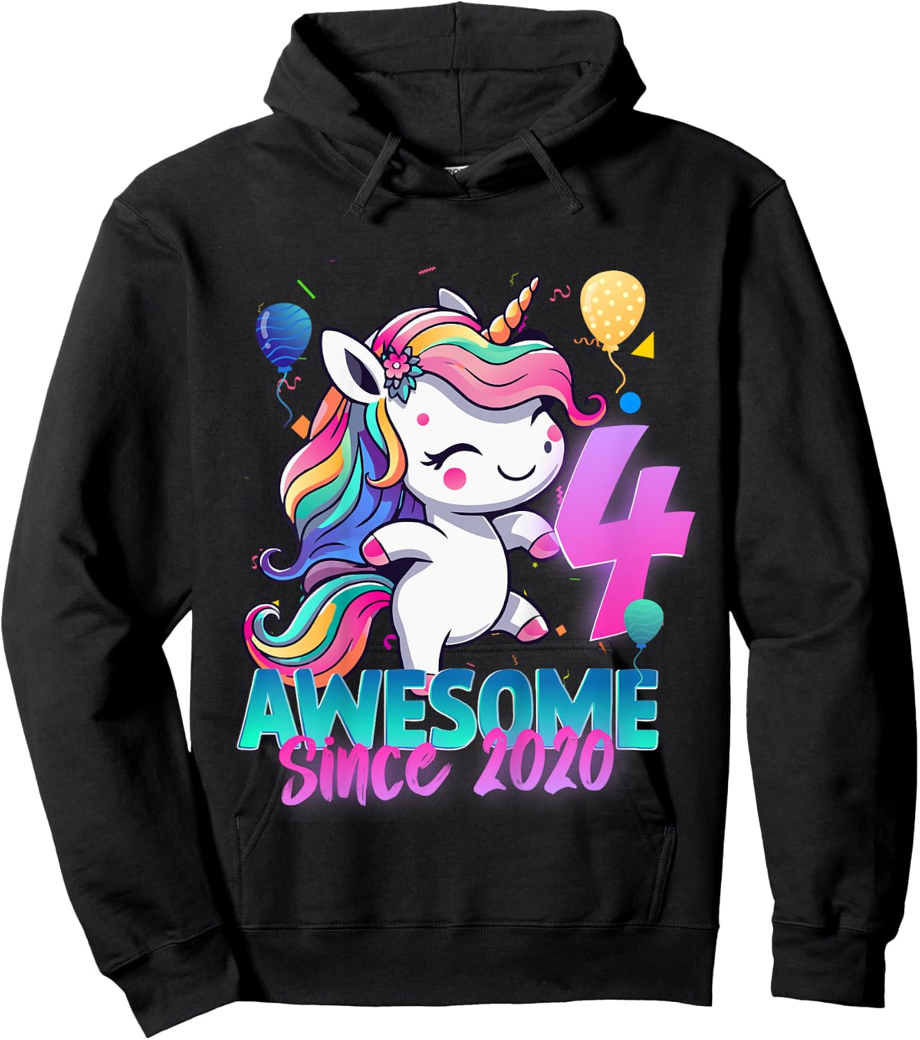 Kids 4th Birthday Girl Awesome Since 2020 4 Years Old Unicorn Hoodie - Hoodie | Black